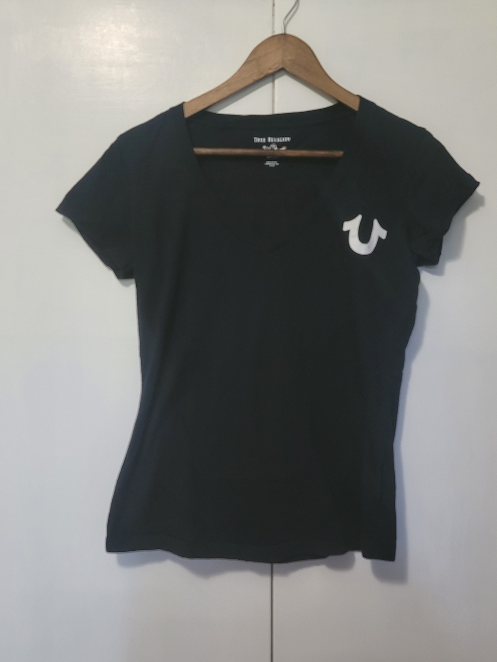 True Religion Black V-Neck Tee with White Logo